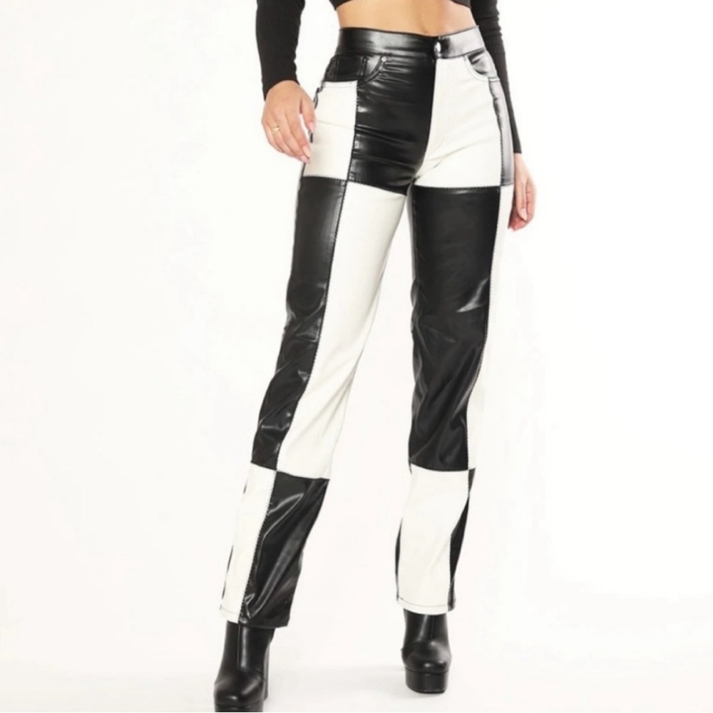 2- Revice Faux Leather Patchwork Pants Black and White Brown Size M/ 28